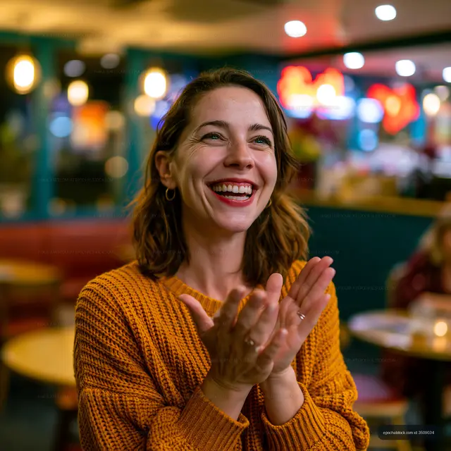 Woman clapping and smiling in a cozy cafe setting