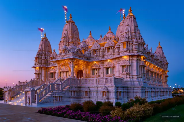 Hindu temple with intricate architecture at dusk