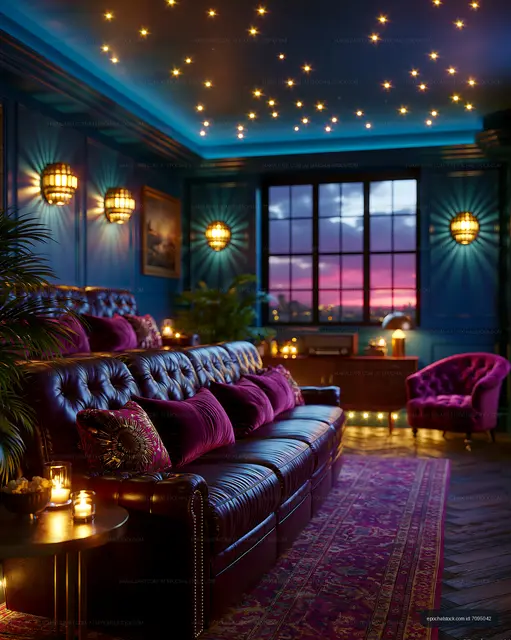 Elegant living room with starry ceiling and sunset view