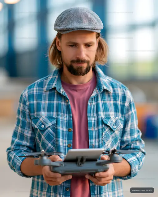 Man wearing a cap operates a drone indoors