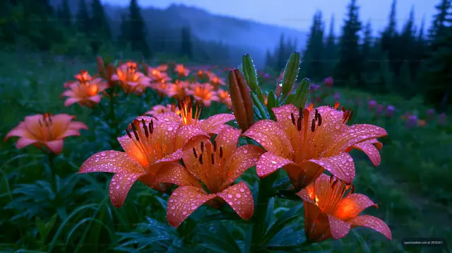 Bright orange lilies with raindrops in a forest setting