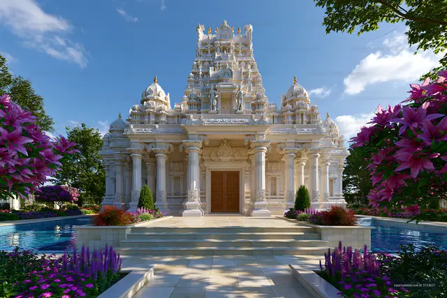 Historic temple surrounded by flowers and water features