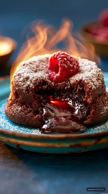 Chocolate lava cake with raspberry on blue plate