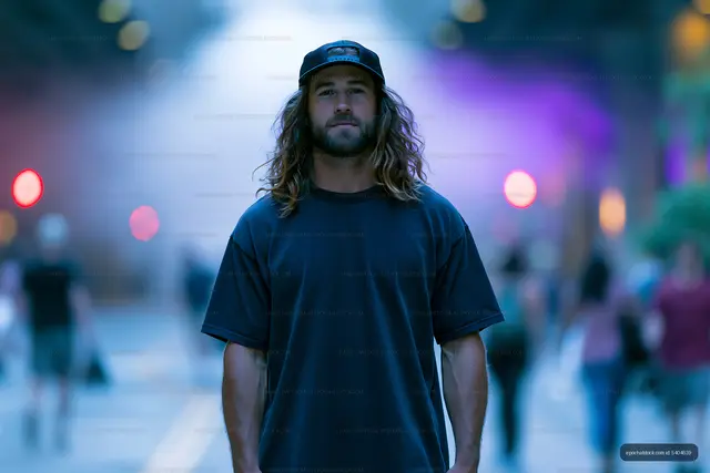 Man stands in the city street with a crowd behind him