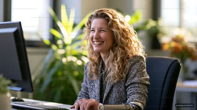 Woman using computer at office with plants in background