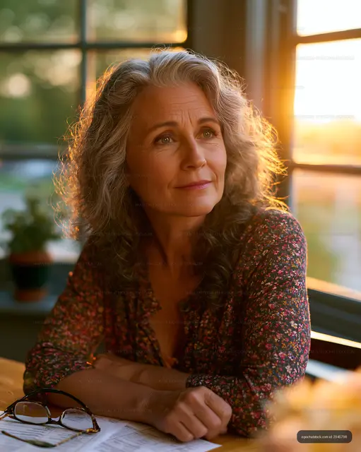 Woman with gray hair sitting at a table during sunset