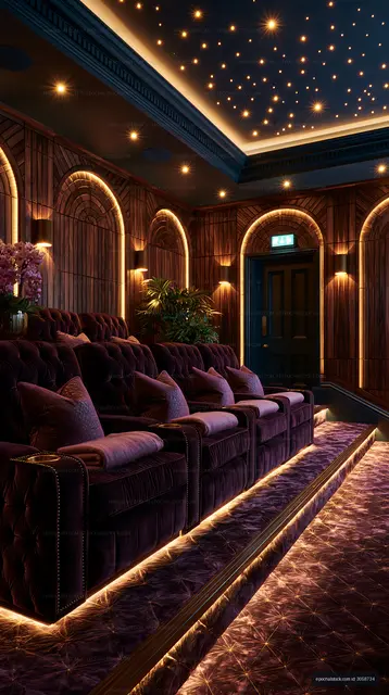 Home theater with plush seating and warm lighting design