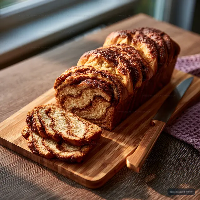 Freshly baked cinnamon bread on a wooden cutting board