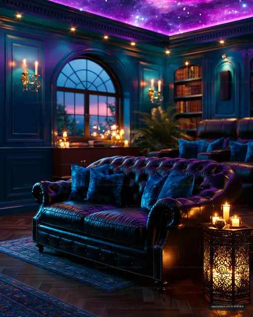 Cozy interior of a modern library with a leather sofa