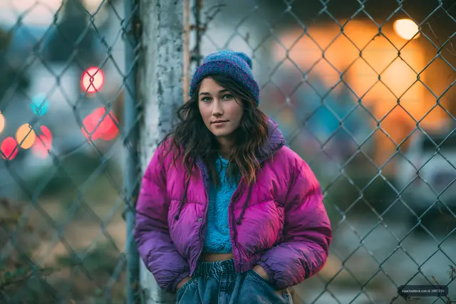 Young woman in pink jacket stands near a chain-link fence