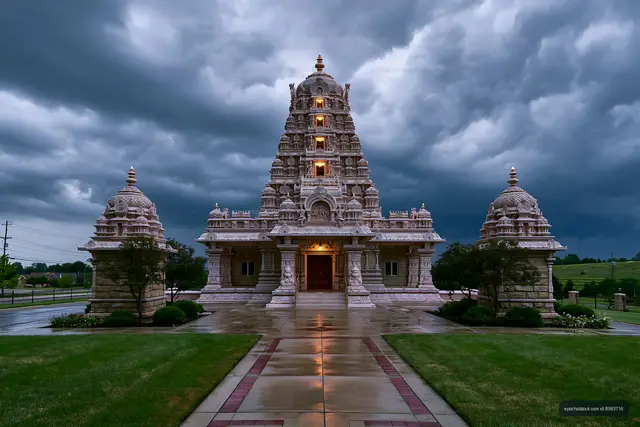 Beautiful temple structure under stormy sky