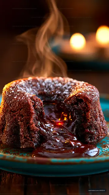 Chocolate lava cake with melted filling and steam rising