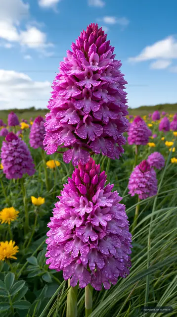 Purple flowers in a green field with yellow blooms