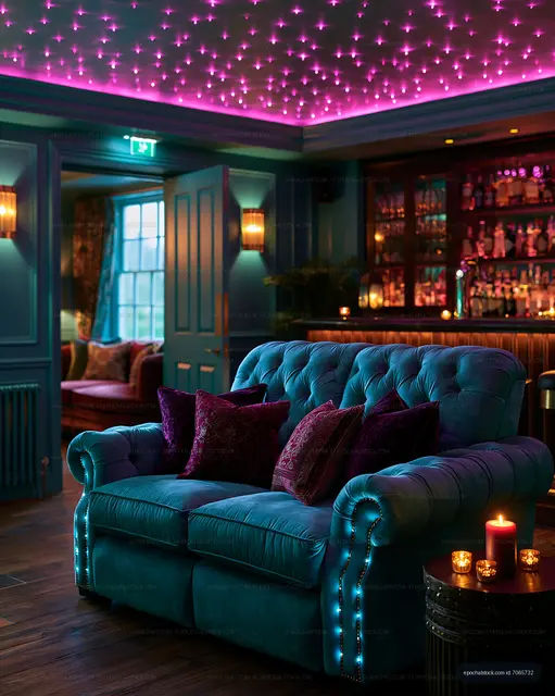 Cozy seating in a stylish bar with bright lighting