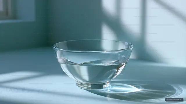 Clear bowl of water on a light surface with soft shadows