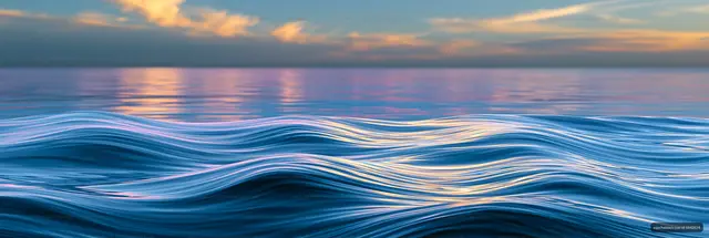 Waves gently rolling under a colorful sky during sunset