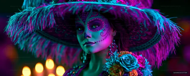 Woman in colorful costume for celebration with flowers and candles