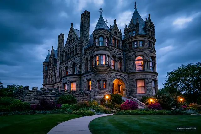 Historic mansion with towers under a cloudy sky
