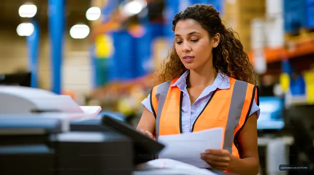 Woman in safety vest working in warehouse office