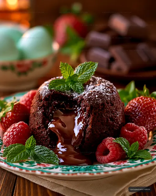 Delicious molten chocolate cake served with berries