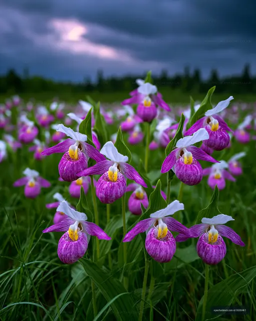 Colorful orchids blooming in a field under a cloudy sky
