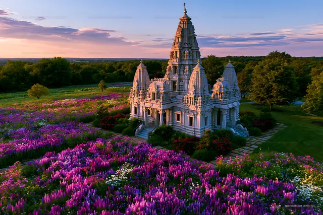 Colorful flowers around a temple at sunset in the countryside