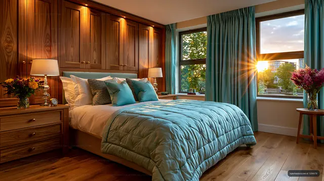 Cozy bedroom with wooden furniture and large windows at sunset