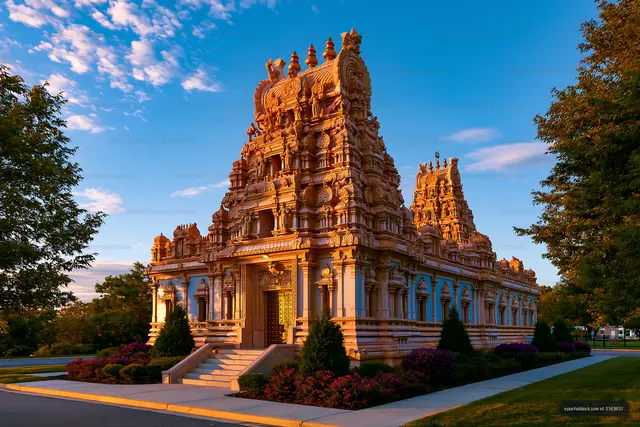 Hindu temple with intricate carvings at sunset