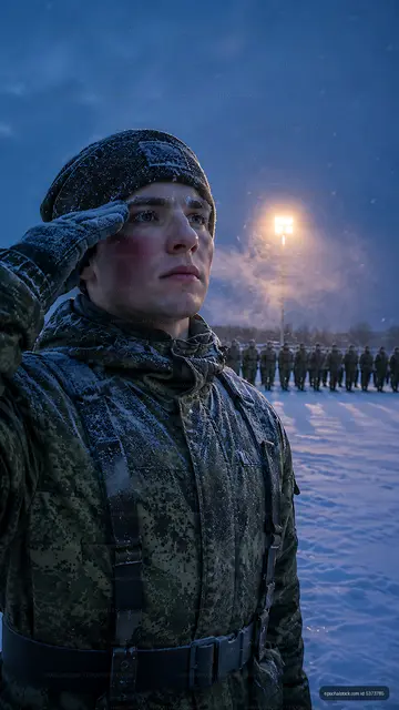 Soldier saluting in snowy terrain during twilight