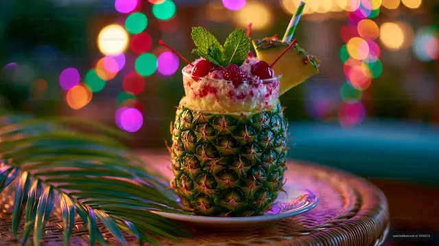 A tropical drink is served in a fresh pineapple and topped with fruit