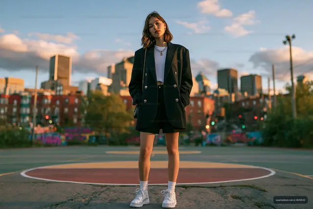 Woman stands on a basketball court in a city at sunset