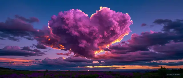 Heart-shaped clouds at sunset in a colorful sky