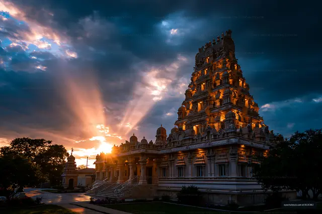 Sunset at a traditional temple with glowing lights and clouds