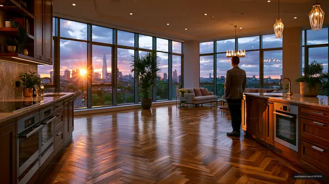Sunset view from modern kitchen with city skyline in background