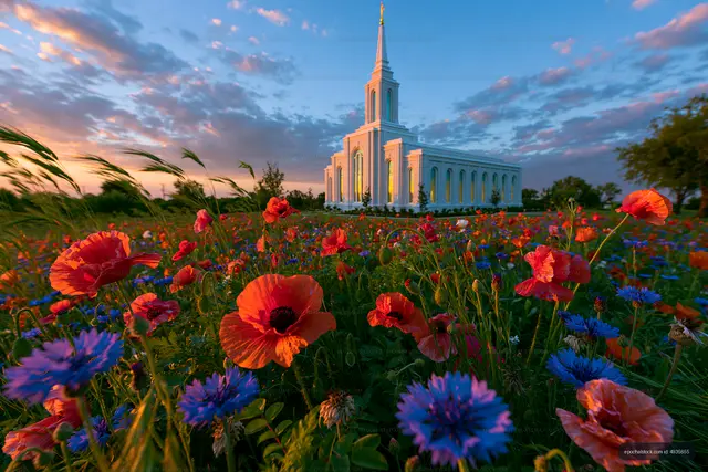 Flowers bloom near a white church at sunset