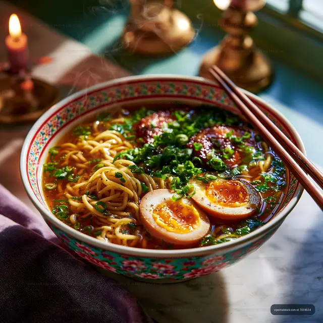 Warm bowl of ramen with eggs and greens on a table