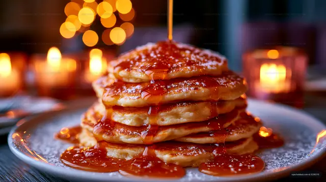 Stack of pancakes with syrup on a plate