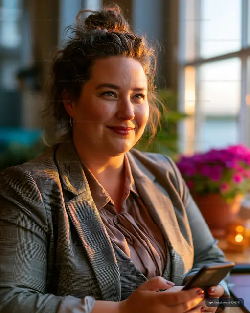 Woman using smartphone in cozy indoor setting during evening