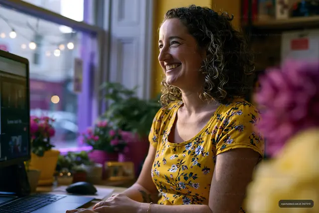 Woman in yellow dress smiles while working at a desk with flowers
