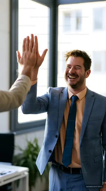 Business people high-fiving in modern office setting