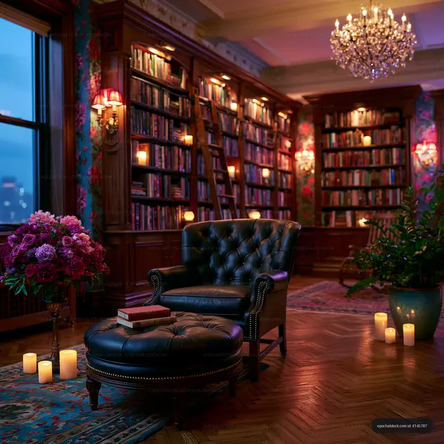 Cozy reading nook with bookshelves and soft lighting