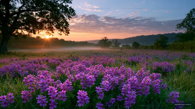 Sunrise over a field of purple flowers in the countryside