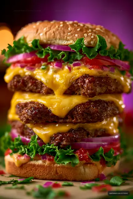 Large hamburger with multiple beef patties and toppings