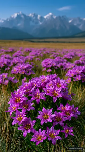 Blooming purple flowers in a mountain landscape under blue sky