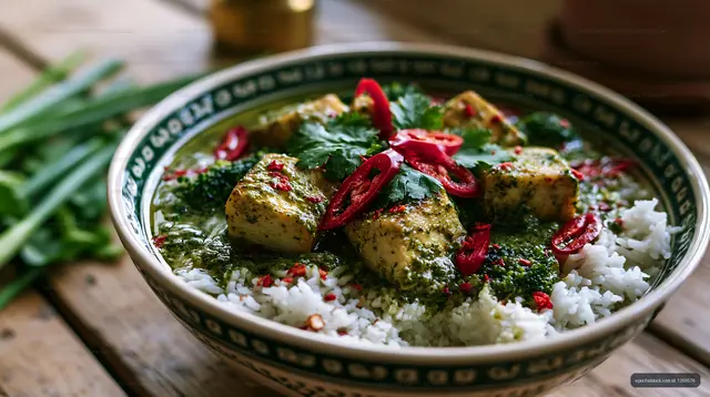 Delicious curry dish served with rice and fresh herbs