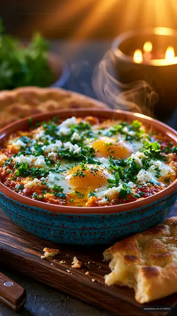 Warm dish with eggs and herbs in a rustic setting
