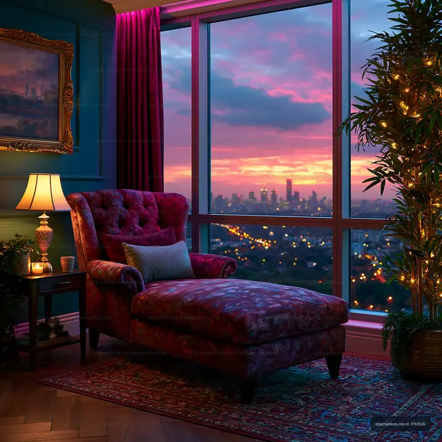 Cozy corner with a view of the city skyline at sunset