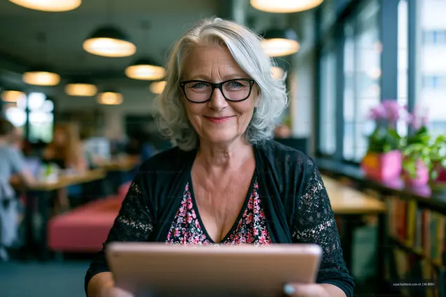 Senior woman using a tablet in a cozy cafe setting