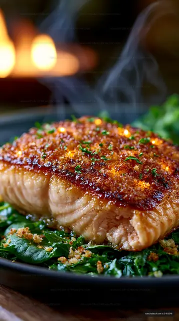 Grilled salmon on a bed of greens with steam rising