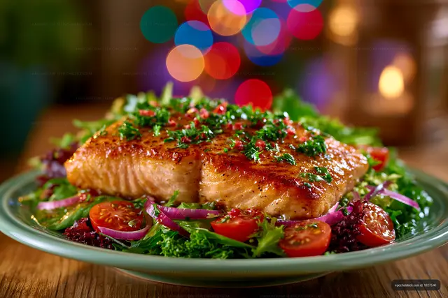 Salmon dish served on a plate with salad and colorful lights